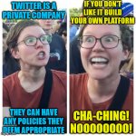 Twatter Sold | TWITTER IS A PRIVATE COMPANY THEY CAN HAVE ANY POLICIES THEY DEEM APPROPRIATE IF YOU DON'T LIKE IT BUILD YOUR OWN PLATFORM CHA-CHING! NOOOOO | image tagged in twatter,sold | made w/ Imgflip meme maker
