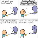 I hate discrimination | I WISH THE LGBTQ+ COMMUNITY WASN'T SO DISCRIMINATED AGAINST. | image tagged in i will grant you three wishes,memes | made w/ Imgflip meme maker