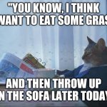 Feeling cute, might yack later... | "YOU KNOW, I THINK I WANT TO EAT SOME GRASS; AND THEN THROW UP ON THE SOFA LATER TODAY" | image tagged in cat reading newspaper,barf,cat,feeling cute,vomit | made w/ Imgflip meme maker