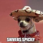 How I look waiting on my 7th basket of chips | SHIVERS SPICILY | image tagged in chihuahua in sumbrero | made w/ Imgflip meme maker