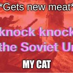 My cat when i get meat | *Gets new meat*; MY CAT | image tagged in knock knock it's the soviet union | made w/ Imgflip meme maker