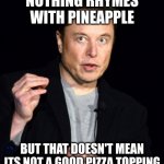 cold hard logic | NOTHING RHYMES WITH PINEAPPLE; BUT THAT DOESN'T MEAN ITS NOT A GOOD PIZZA TOPPING | image tagged in musk | made w/ Imgflip meme maker