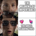 Indeed | THE MEANING OF IMPORTANCE; 💖; 💘; THE ANGEL READING THIS | image tagged in spiderman sunglasses,wholesome | made w/ Imgflip meme maker