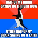 Dont we all experience this? | HALF OF MY BRAIN SAYING DO IT RIGHT NOW OTHER HALF OF MY BRAIN SAYING DO IT LATER | image tagged in memes,socially awesome awkward penguin | made w/ Imgflip meme maker