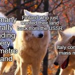 funi history meme | Germany literally invading every millimetre of land; Finland who just wanted their land back from the USSR; Italy commiting mass murder | image tagged in laughing dogs with pissed dog | made w/ Imgflip meme maker