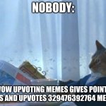 this is what my friend who quit imgflip did | NOBODY: WOW UPVOTING MEMES GIVES POINTS *GOES AND UPVOTES 329476392764 MEMES* | image tagged in memes,i should buy a boat cat | made w/ Imgflip meme maker