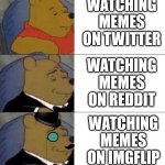 lol | WATCHING MEMES ON TWITTER WATCHING MEMES ON REDDIT WATCHING MEMES ON IMGFLIP | image tagged in winie the pooh | made w/ Imgflip meme maker