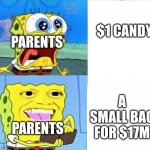 When a parent | $1 CANDY; PARENTS; PARENTS; A SMALL BAG FOR $17M | image tagged in spongebob wallet | made w/ Imgflip meme maker