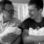 Pete Buttigieg in hospital bed with baby template