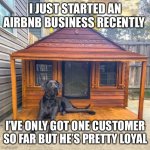 Alright, fess up! Who’s sleeping in the doghouse tonight?!? | I JUST STARTED AN AIRBNB BUSINESS RECENTLY; I’VE ONLY GOT ONE CUSTOMER SO FAR BUT HE’S PRETTY LOYAL | image tagged in doghouse dog | made w/ Imgflip meme maker