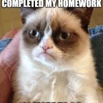 10 more, well that sucks | I HAVE FINALLY COMPLETED MY HOMEWORK 10 MORE TO GO | image tagged in memes,grumpy cat | made w/ Imgflip meme maker