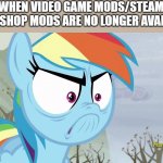 Can't Download Video Game Mods and Steam Workshop Mods | WHEN VIDEO GAME MODS/STEAM WORKSHOP MODS ARE NO LONGER AVAILABLE | image tagged in rainbow dash is looking angry | made w/ Imgflip meme maker