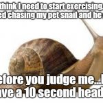 SNAIL | I think I need to start exercising. I got winded chasing my pet snail and he got away. Before you judge me...he DID have a 10 second head start! | image tagged in snail | made w/ Imgflip meme maker