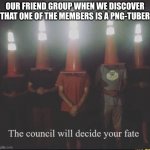 the council will decide your fate | OUR FRIEND GROUP WHEN WE DISCOVER THAT ONE OF THE MEMBERS IS A PNG-TUBER | image tagged in the council will decide your fate | made w/ Imgflip meme maker