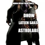 history | INDIAN OCEAN TRADE ROUTE; DHOW; LATEEN SAILS; ASTROLABE | image tagged in re4 merchant,historical meme | made w/ Imgflip meme maker