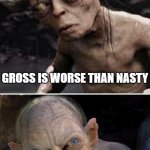 Now THAT's Gross! | GROSS IS WORSE THAN NASTY; 144 TIMES WORSE | image tagged in gollum nice nasty,gross,punny,memes | made w/ Imgflip meme maker