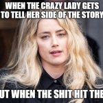 Amber heard | WHEN THE CRAZY LADY GETS TO TELL HER SIDE OF THE STORY; ABOUT WHEN THE SHIT HIT THE FAN | image tagged in amber heard | made w/ Imgflip meme maker