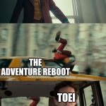 Digimon Adventure in a shell nut | LAST EVOLUTION TELLING FANS TO GROW UP FROM THE SERIES; THE ADVENTURE REBOOT; TOEI | image tagged in joker gets hit by a car | made w/ Imgflip meme maker