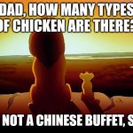 How Many Types of Chicken | DAD, HOW MANY TYPES OF CHICKEN ARE THERE? I'M NOT A CHINESE BUFFET, SON | image tagged in memes,lion king,chicken,buffet,chinese food | made w/ Imgflip meme maker
