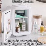 Trust the process | literally no one:; me sober: so yeah, my beauty fridge is my higher power | image tagged in beauty fridge,it puts the lotion on the skin,alcoholic,sobriety,higher power | made w/ Imgflip meme maker