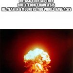 Nuclear Explosion | BULLY: I BET YOUR STILL A VIRGIN

ME : I WAS UNTIL YESTERDAY 
BULLY: I DON’T BELIEVE YOU
ME: ASK YOUR SIS THEN
BULLY: I DON’T HAVE A SIS
ME: | image tagged in memes,nuclear explosion | made w/ Imgflip meme maker