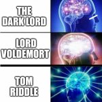 The dark lord many names | HE WHO MUST NOT BE NAMED; THE DARK LORD; LORD VOLDEMORT; TOM RIDDLE; TIMMY | image tagged in galaxy brain,harry potter,lord voldemort,tom riddle | made w/ Imgflip meme maker