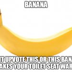 we all HATE warm toilet seats | BANANA; DONT UPVOTE THIS OR THIS BANANA
MAKES YOUR TOILET SEAT WARM | image tagged in banana,warm,funny,memes,cats,ukrainian lives matter | made w/ Imgflip meme maker