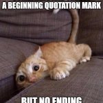 suspense | WHEN YOURE READING SOMETHING AND THERES A BEGINNING QUOTATION MARK; BUT NO ENDING QUOTE MARK | image tagged in frantic cat | made w/ Imgflip meme maker