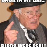 Just Sayin’… | BACK IN MY DAY… BIRDS WERE REAL! | image tagged in memes,back in my day,birds arent real | made w/ Imgflip meme maker