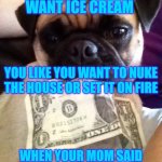 Pug with money | YOU WHEN YOU WANT ICE CREAM; YOU LIKE YOU WANT TO NUKE THE HOUSE OR SET IT ON FIRE; WHEN YOUR MOM SAID THAT IT HAS TO MUCH SUGAR | image tagged in pug with money | made w/ Imgflip meme maker