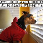 Red sweatshirt | I'M WAITING FOR MY PACKAGE FROM PAT TO CHANGE OUT OF THE UGLY RED SWEATSHIRT. | image tagged in me waiting for my amazon package | made w/ Imgflip meme maker