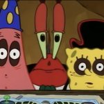 Spongebob and patrick with mr krabs behind them