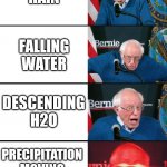 Bernie rain | RAIN; FALLING WATER; DESCENDING H2O; PRECIPITATION MOVING DOWNWARDS | image tagged in 4 panel bernie sanders reaction | made w/ Imgflip meme maker