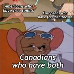 the worlds a odd place | Americans who have free toilets; Europeans who have free healthcare; Canadians who have both | image tagged in tom and spike fighting | made w/ Imgflip meme maker