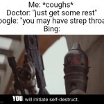 Welp, time to brace for the worst-case scenario | Me: *coughs* 
Doctor: "just get some rest"
Google: "you may have strep throat"
Bing:; YOU | image tagged in i will initiate self-destruct,e | made w/ Imgflip meme maker