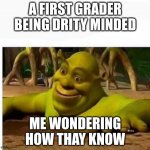Shrek In The Mud | A FIRST GRADER BEING DRITY MINDED; ME WONDERING HOW THAY KNOW | image tagged in shrek in the mud | made w/ Imgflip meme maker