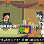 No Fireafy please | ME; THE BFB FANDOM | image tagged in i didn't approve this,total drama,bfdi,bfb,memes | made w/ Imgflip meme maker
