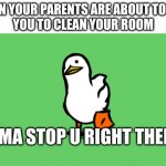 Bruh | WHEN YOUR PARENTS ARE ABOUT TO ASK 
YOU TO CLEAN YOUR ROOM; IMMA STOP U RIGHT THERE | image tagged in imma stop u right there,memes | made w/ Imgflip meme maker