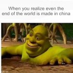 Made in China | When you realize even the end of the world is made in china | image tagged in shrek in the mud | made w/ Imgflip meme maker