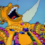 Homer covered in Gold laughing meme