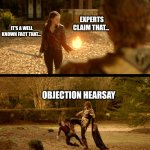 Checkmate | EXPERTS CLAIM THAT... IT'S A WELL KNOWN FACT THAT... OBJECTION HEARSAY | image tagged in memes,legacies,hearsay,johnny depp,argument,objection | made w/ Imgflip meme maker