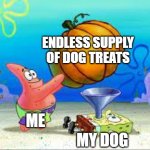 dog treats | ENDLESS SUPPLY OF DOG TREATS; ME; MY DOG | image tagged in pumpkin spongebob,dog memes,treats,dog | made w/ Imgflip meme maker