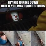 Want bitches? | HEY KID JOIN ME DOWN HERE IF YOU WANT SOME BITCHES | image tagged in pennywise in sewer | made w/ Imgflip meme maker