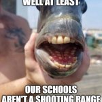 WeLl At LeAsT | WELL AT LEAST; OUR SCHOOLS AREN'T A SHOOTING RANGE | image tagged in well at least british fish | made w/ Imgflip meme maker