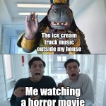 This actually scared me to death | The ice cream truck music outside my house; Me watching a horror movie | image tagged in moon knight,scared,moon,hippo,marvel | made w/ Imgflip meme maker