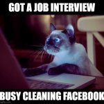 JOB INTERVIEW | GOT A JOB INTERVIEW; BUSY CLEANING FACEBOOK | image tagged in cat on computer | made w/ Imgflip meme maker