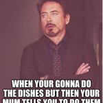 (: | WHEN YOUR GONNA DO THE DISHES BUT THEN YOUR MUM TELLS YOU TO DO THEM | image tagged in memes,face you make robert downey jr | made w/ Imgflip meme maker