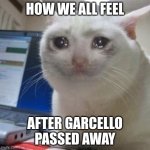 Garcello time omg... | HOW WE ALL FEEL AFTER GARCELLO PASSED AWAY | image tagged in crying cat | made w/ Imgflip meme maker