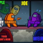 Damn purple you got the whole among us crewmates laughing -_- | PURPLE JOE CANDICE YOUR MOM YOUR MOM'S MOM CANDY WEIRDO | image tagged in among us blame | made w/ Imgflip meme maker