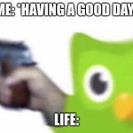 *Screaming while running away from a wasp* | ME: *HAVING A GOOD DAY* LIFE: | image tagged in duolingo gun | made w/ Imgflip meme maker